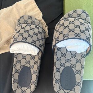 Gucci Beige and Black Monogram Slides